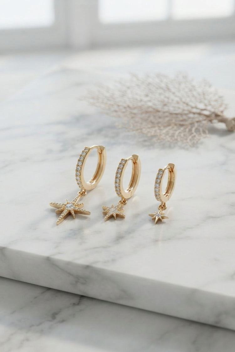 Gold Renk Kutup Yıldız Model 3 lü Küpe Seti