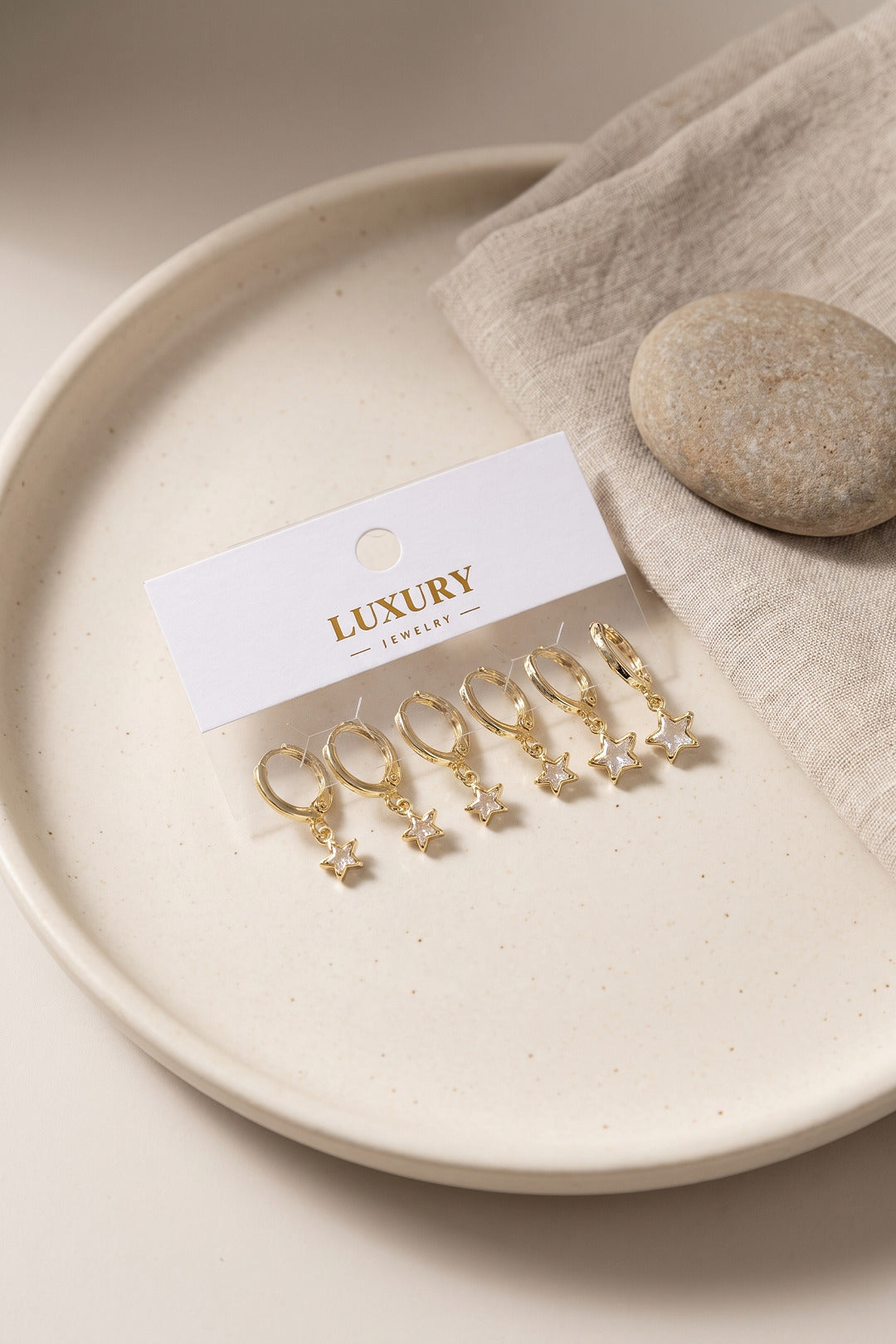 Yıldız Zirkon Taşlı Gold Renk Pirinç Set Küpe