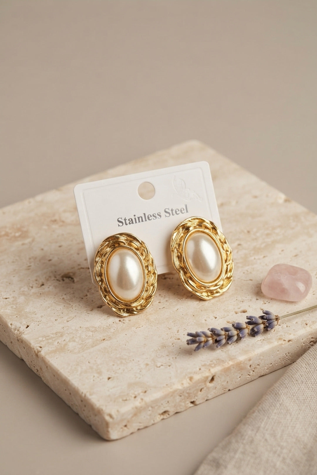 316L Gold Renk Gold Renk Vintage Beyaz İncili Model Küpe