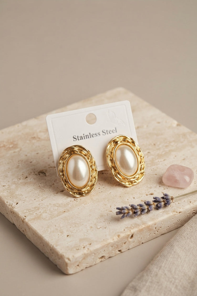 316L Gold Renk Gold Renk Vintage Beyaz İncili Model Küpe