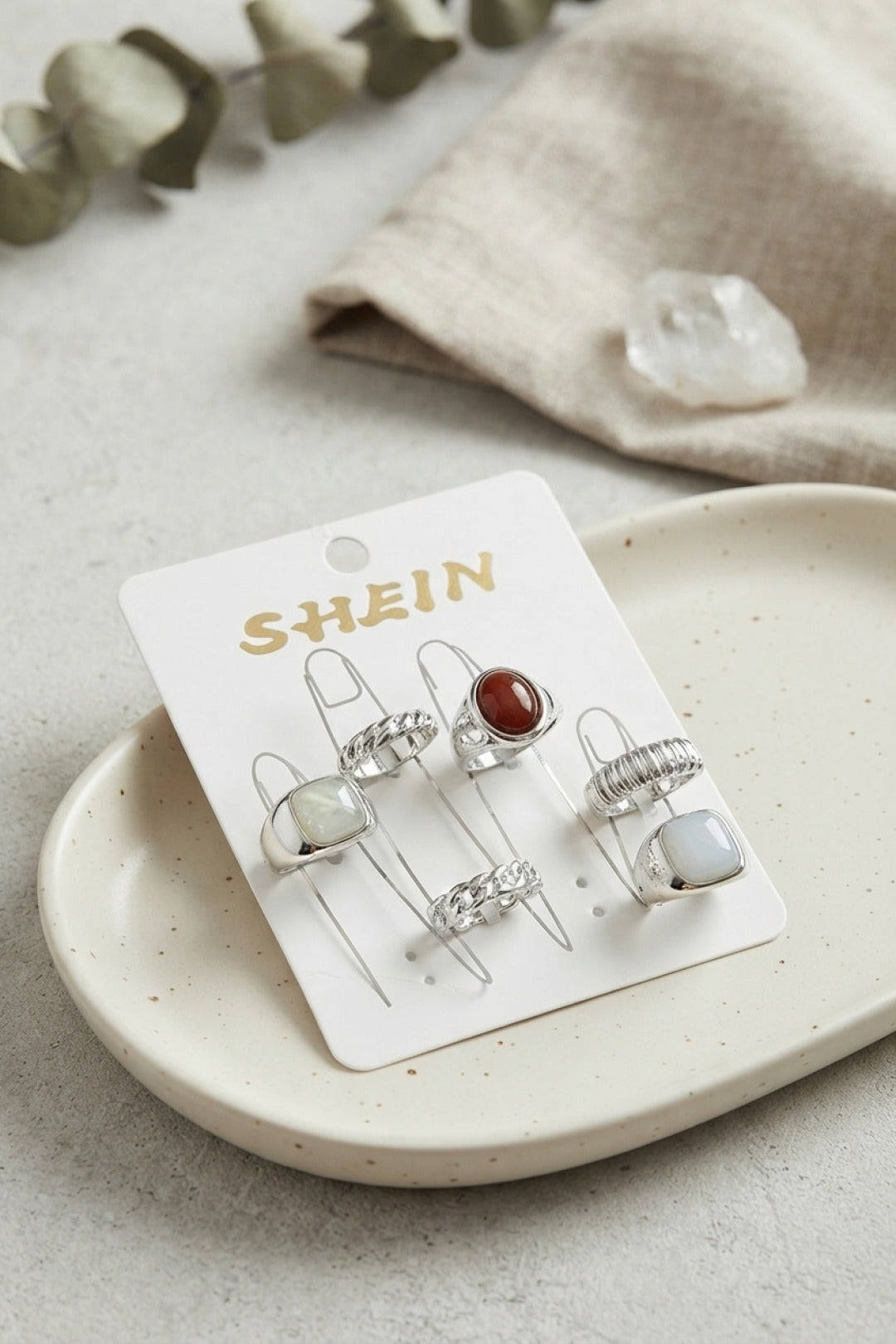 Gümüş Renk Pirinç Taş Detaylı Bohem Yüzük Kombini BYK4279