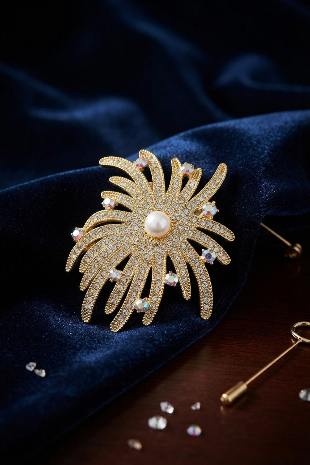 Zirkon Taşlı Gold Renk İnci Detaylı Broş