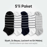 Ekonomik Kadın Patik Çorap 5'li Paket %85 Pamuklu Çizgili Yumuşak Konforlu Nefes Alabilir Set