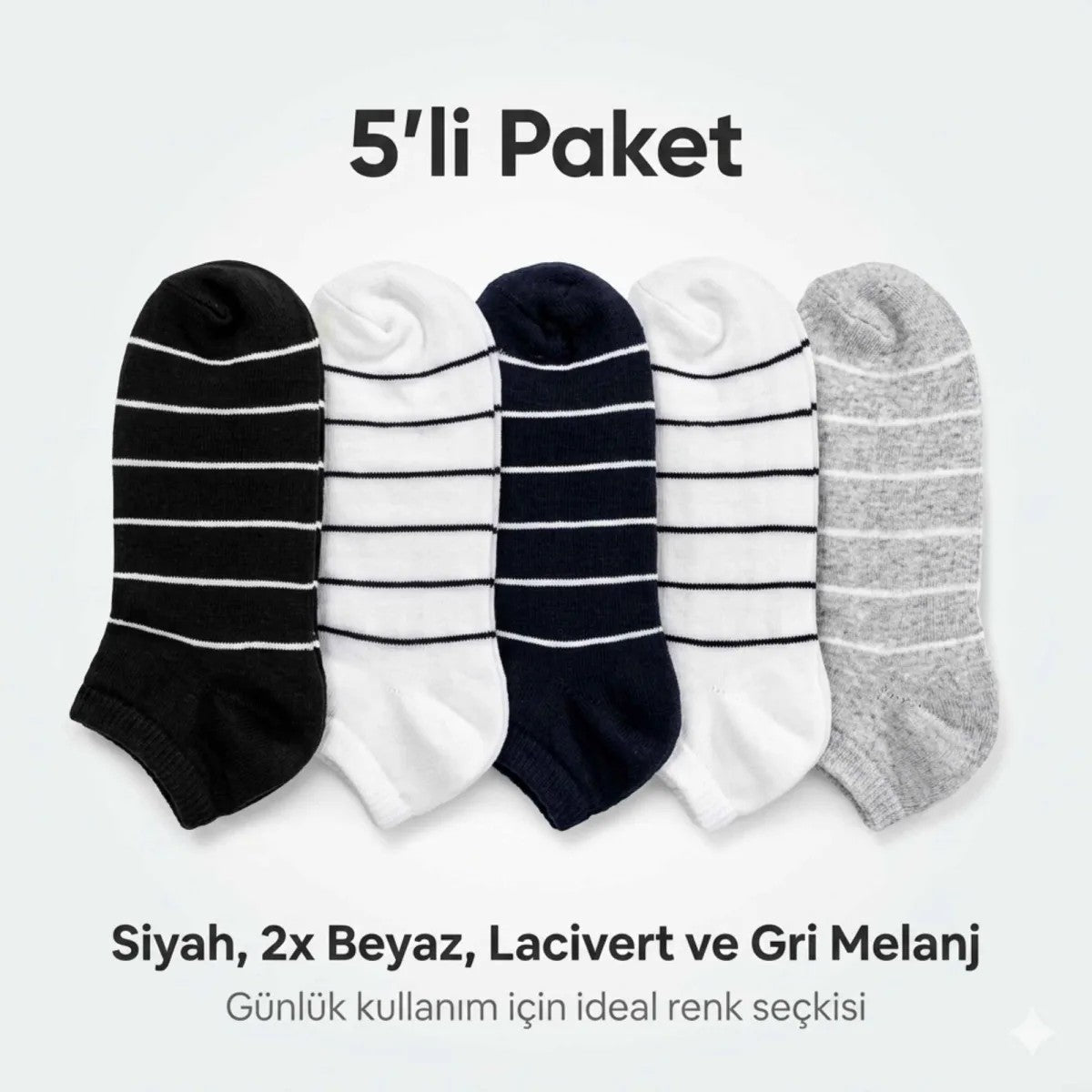 Ekonomik Kadın Patik Çorap 5'li Paket %85 Pamuklu Çizgili Yumuşak Konforlu Nefes Alabilir Set