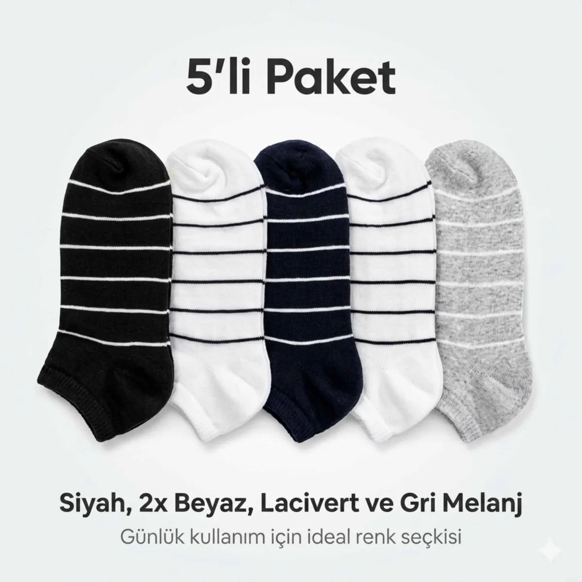 Ekonomik Kadın Patik Çorap 5'li Paket %85 Pamuklu Çizgili Yumuşak Konforlu Nefes Alabilir Set