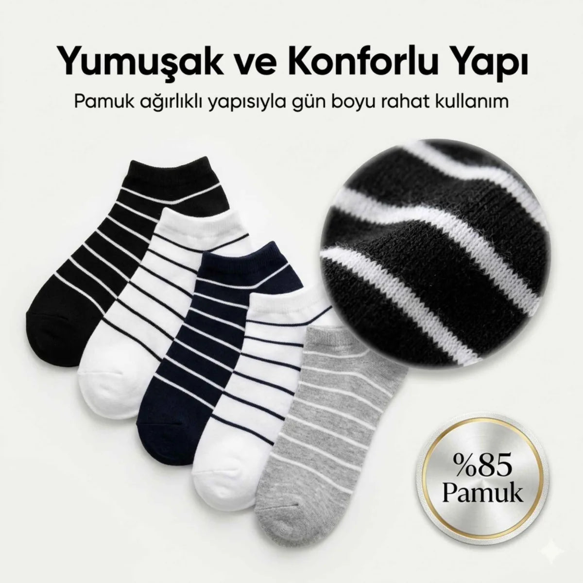 Ekonomik Kadın Patik Çorap 5'li Paket %85 Pamuklu Çizgili Yumuşak Konforlu Nefes Alabilir Set