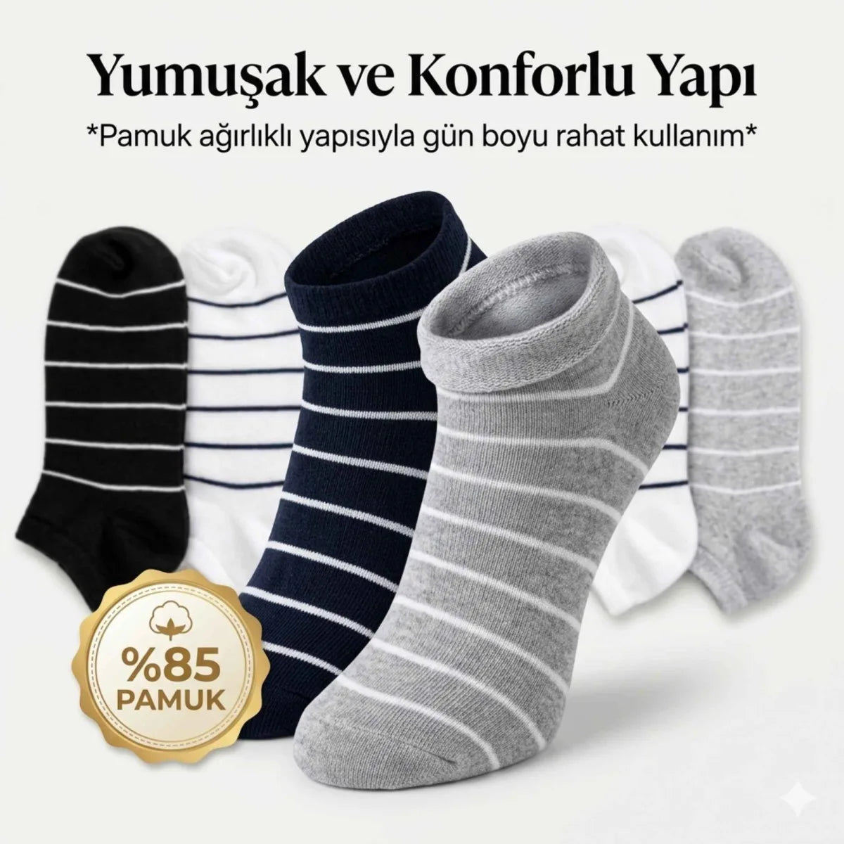 Ekonomik Kadın Patik Çorap 5'li Paket %85 Pamuklu Çizgili Yumuşak Konforlu Nefes Alabilir Set