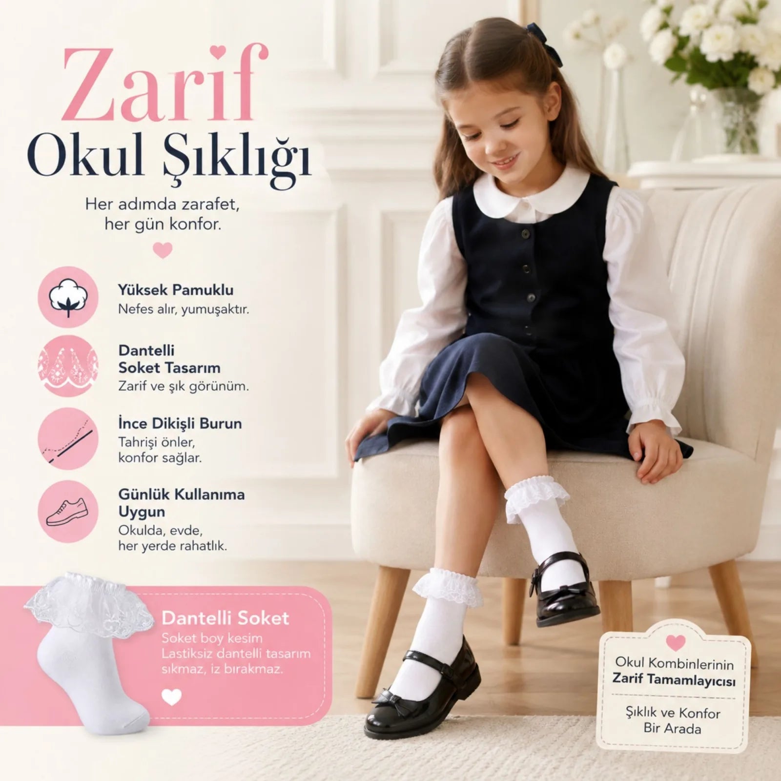 Kız Çocuk 6'lı Beyaz Dantelli Soket Çorap, Yüksek Pamuklu Okul Gösteri ve Özel Gün Çorabı