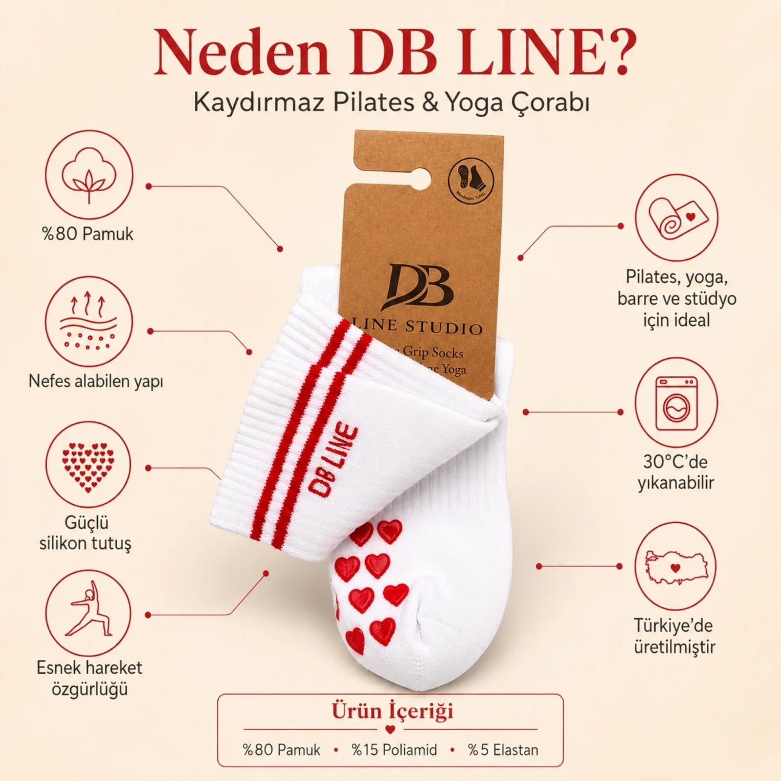DB LINE Kaydırmaz 8'li Pilates Yoga Çorabı Pamuklu Silikon Tabanlı Barre Stüdyo Spor Çorabı