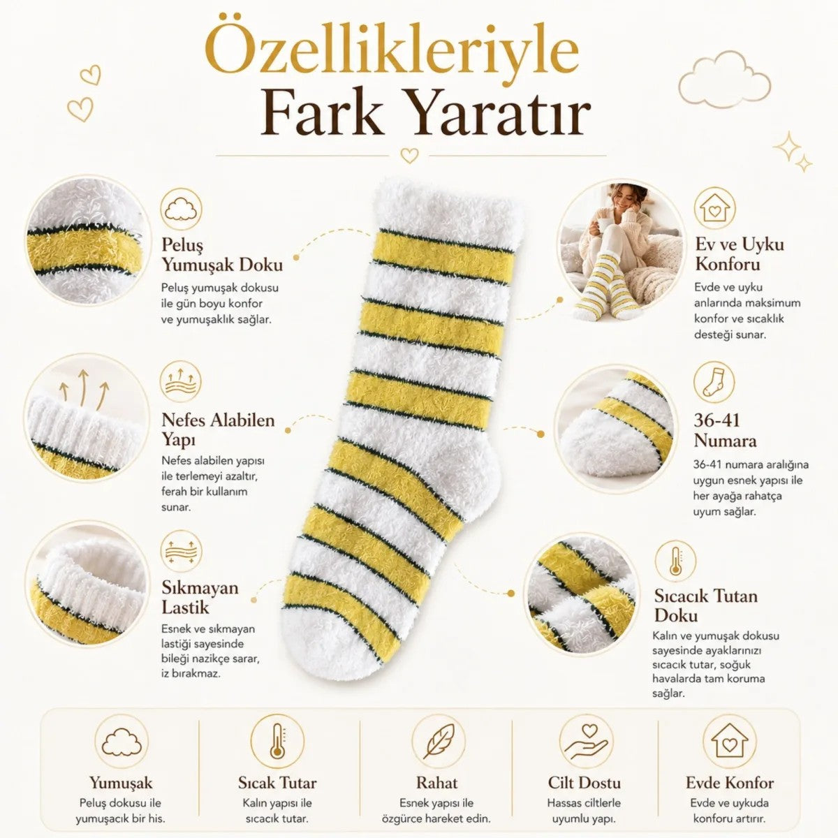 Peluş Çizgili Kadın Uyku Çorabı 36-40 Yumuşak Sıcak Tutan Sıkmayan Ev Çorabı Sarı Beyaz