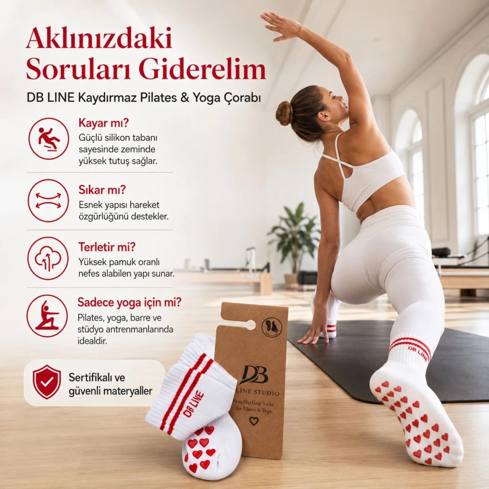 DB LINE Kaydırmaz 8'li Pilates Yoga Çorabı Pamuklu Silikon Tabanlı Barre Stüdyo Spor Çorabı