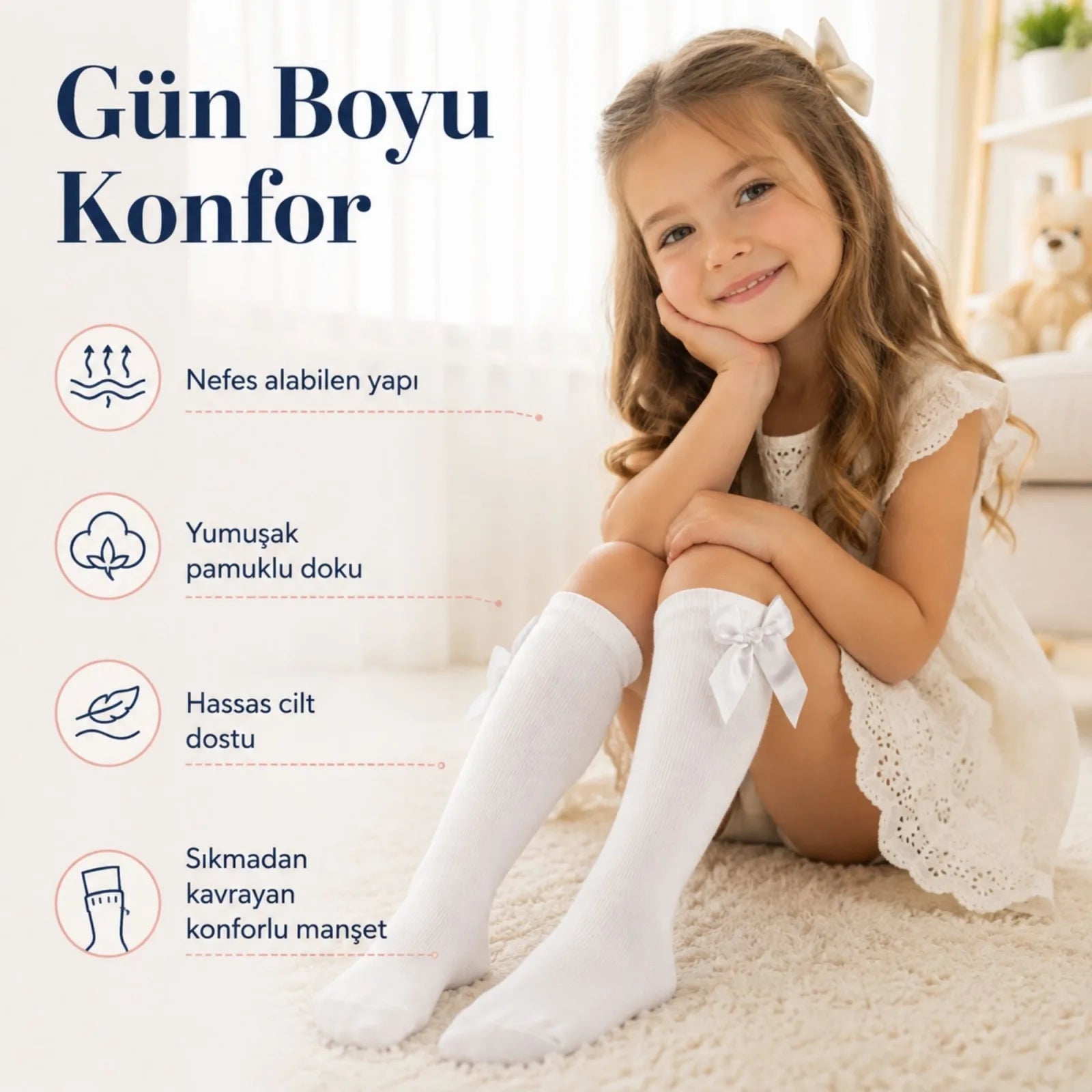Kız Çocuk Beyaz Kurdeleli 3'lü Diz Altı Çorap, Pamuklu Okul Bale ve Özel Gün Çorabı
