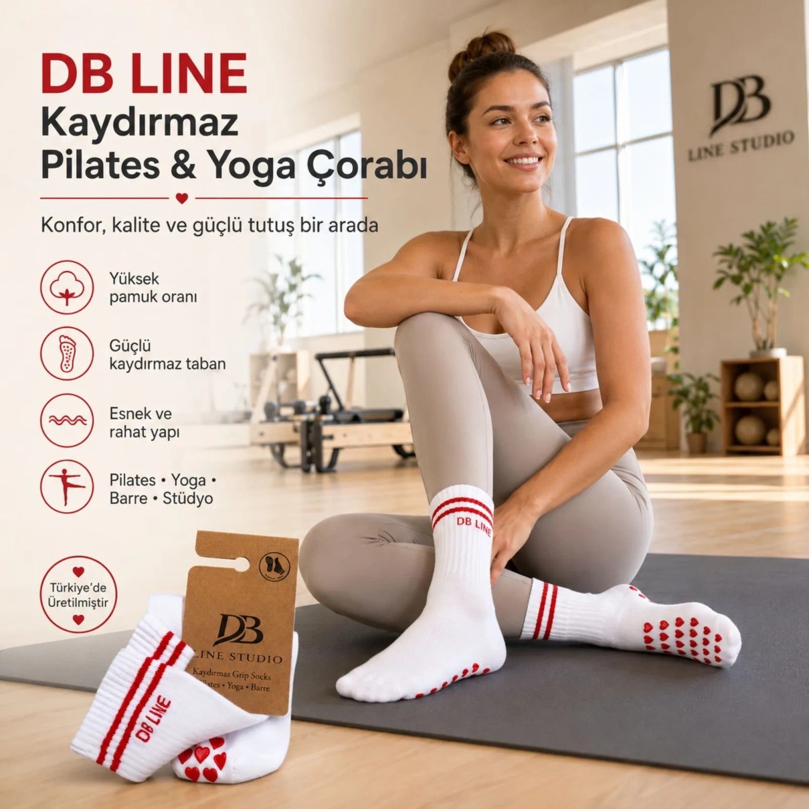 DB LINE Kaydırmaz 4'lü Pilates Yoga Çorabı Pamuklu Silikon Tabanlı Barre Stüdyo Spor Çorabı