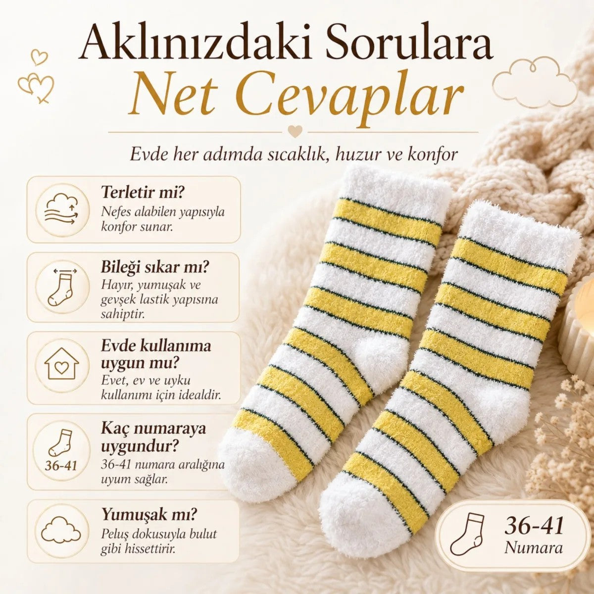 Peluş Çizgili Kadın Uyku Çorabı 36-40 Yumuşak Sıcak Tutan Sıkmayan Ev Çorabı Sarı Beyaz