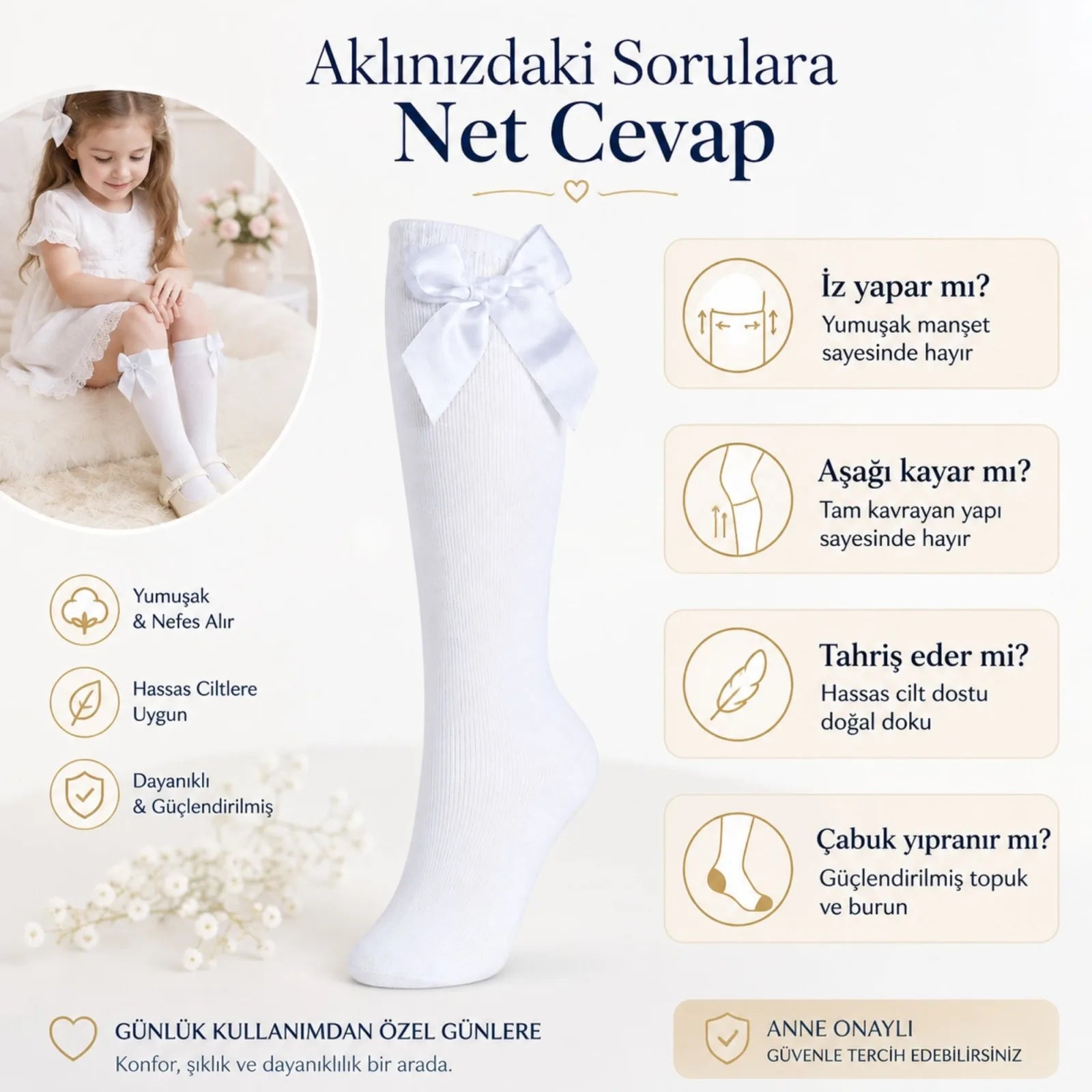 Kız Çocuk Beyaz Kurdeleli 3'lü Diz Altı Çorap, Pamuklu Okul Bale ve Özel Gün Çorabı