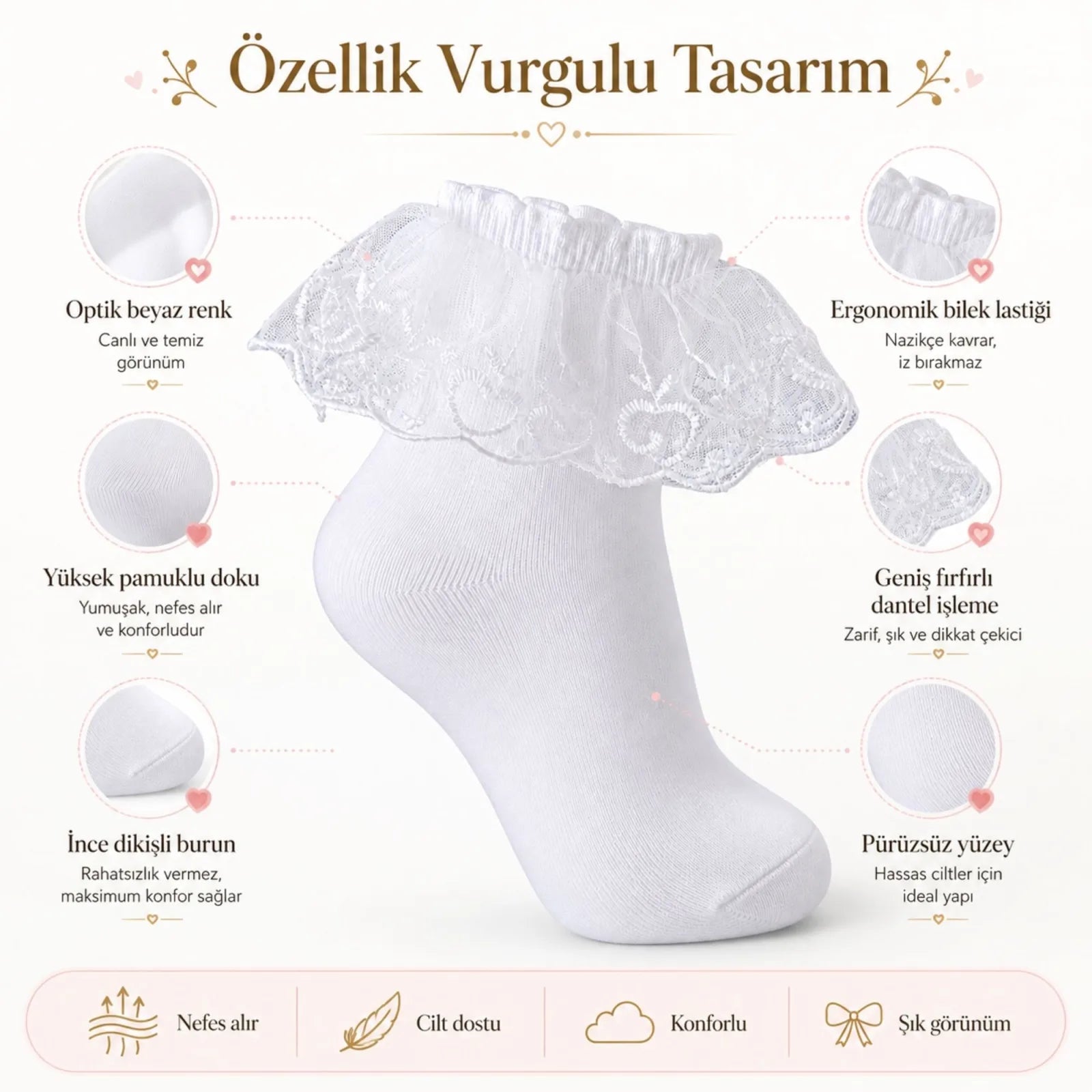 Kız Çocuk 3'lü Beyaz Dantelli Soket Çorap, Yüksek Pamuklu Okul Gösteri ve Özel Gün Çorabı