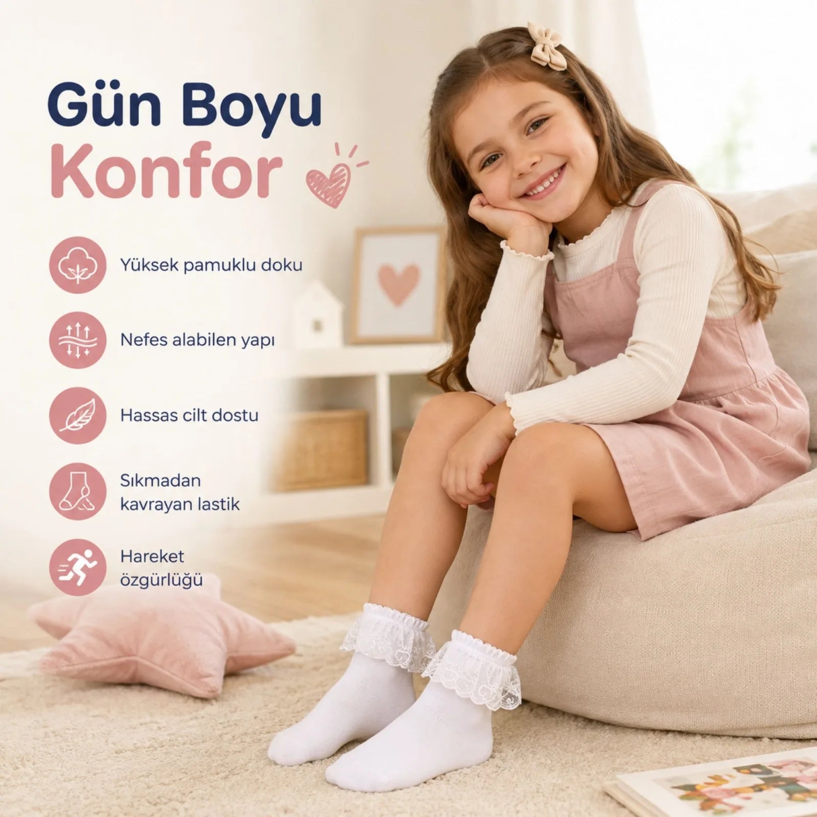 Kız Çocuk 6'lı Beyaz Dantelli Soket Çorap, Yüksek Pamuklu Okul Gösteri ve Özel Gün Çorabı