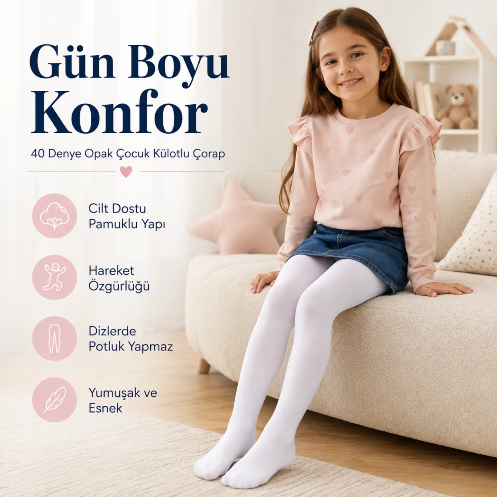 Kız Çocuk Beyaz 40 Denye Opak Külotlu Çorap Okul Bale ve Özel Gün Çorabı