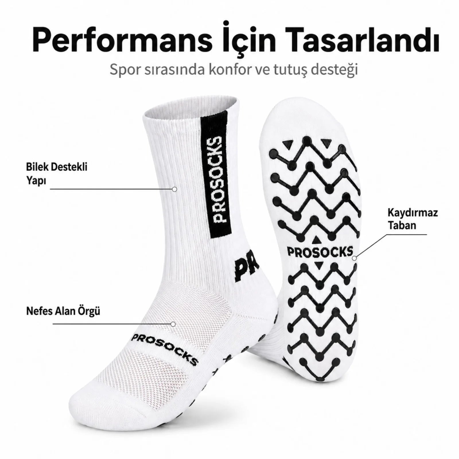 Kaydırmaz Spor Çorabı Beyaz | Nefes Alan, Bilek Destekli, Güçlü Tutuşlu Performans Çorabı