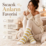 Peluş Çizgili Kadın Uyku Çorabı 36-40 Yumuşak Sıcak Tutan Sıkmayan Ev Çorabı Sarı Beyaz