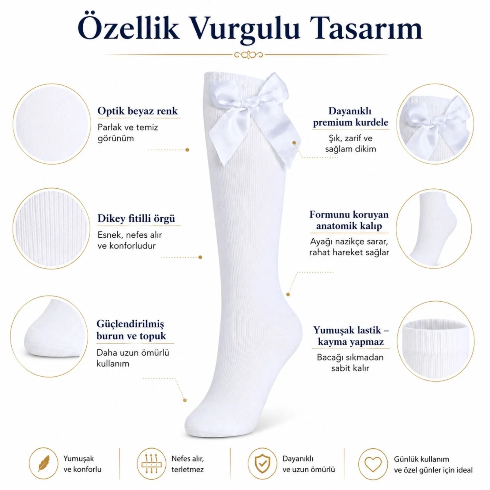 Kız Çocuk Beyaz Kurdeleli 6'lı Diz Altı Çorap, Pamuklu Fitilli Okul Bale ve Özel Gün Çorabı