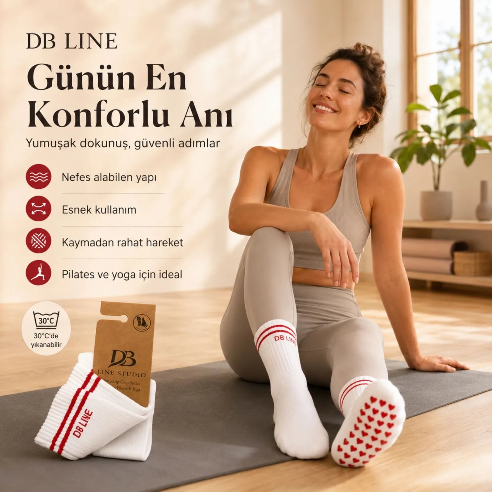 DB LINE Kaydırmaz 4'lü Pilates Yoga Çorabı Pamuklu Silikon Tabanlı Barre Stüdyo Spor Çorabı