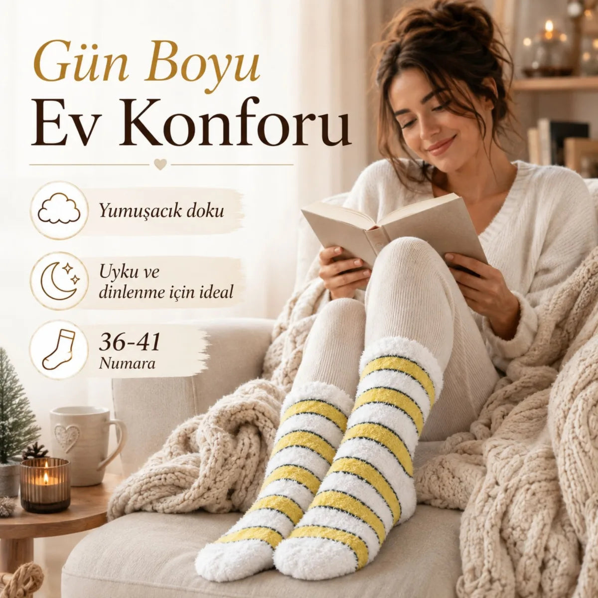Peluş Çizgili Kadın Uyku Çorabı 36-40 Yumuşak Sıcak Tutan Sıkmayan Ev Çorabı Sarı Beyaz