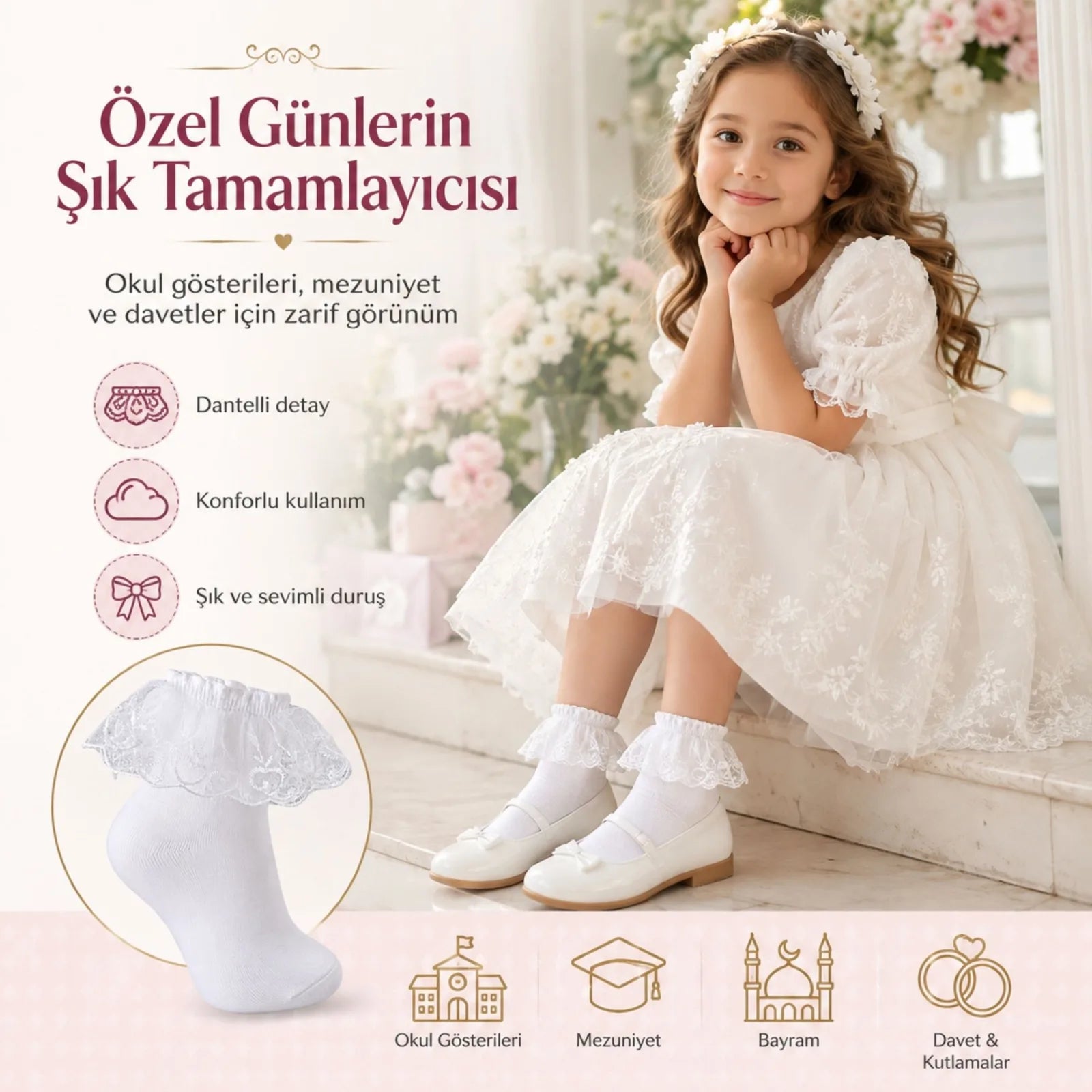 Kız Çocuk 3'lü Beyaz Dantelli Soket Çorap, Yüksek Pamuklu Okul Gösteri ve Özel Gün Çorabı