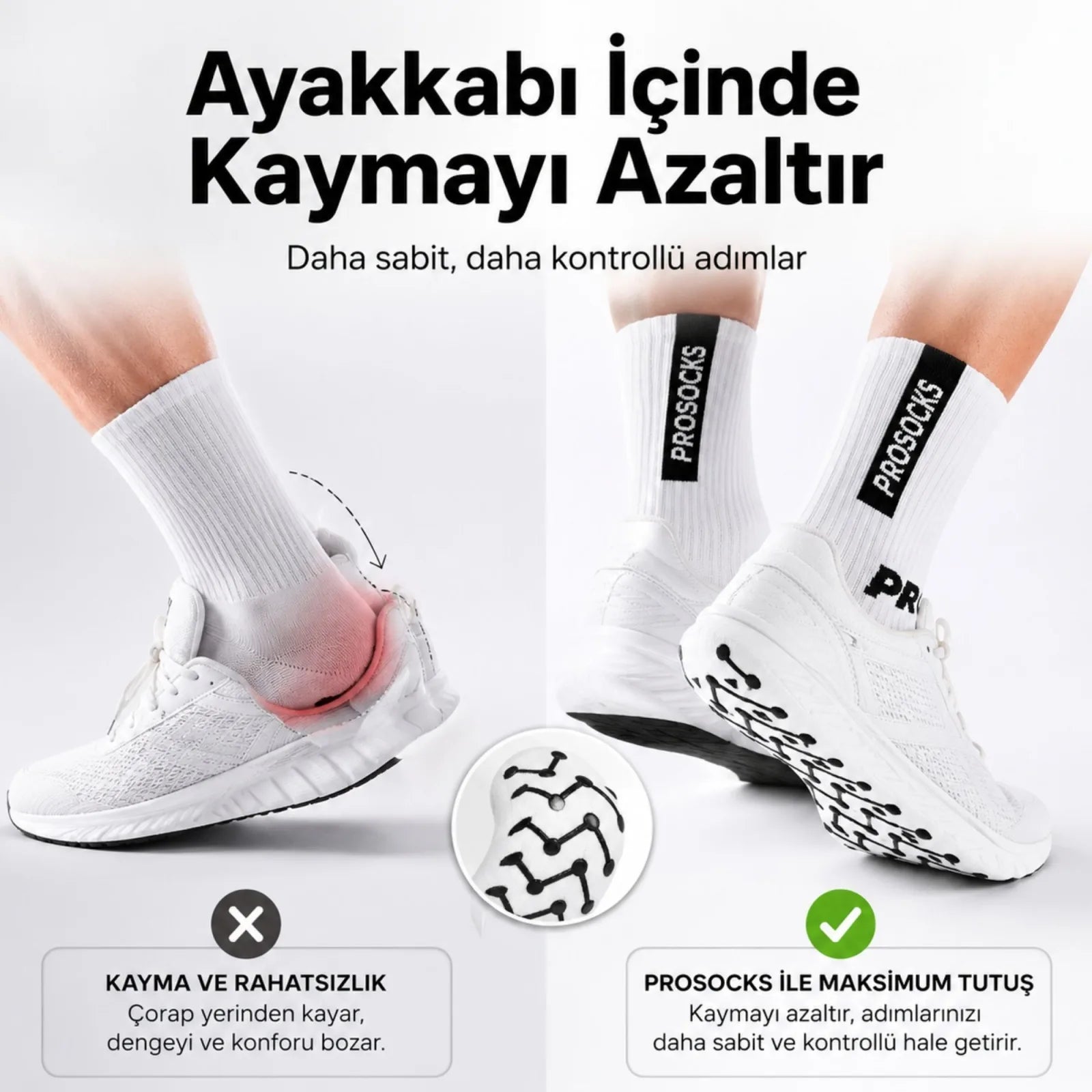 Kaydırmaz Spor Çorabı Beyaz | Nefes Alan, Bilek Destekli, Güçlü Tutuşlu Performans Çorabı