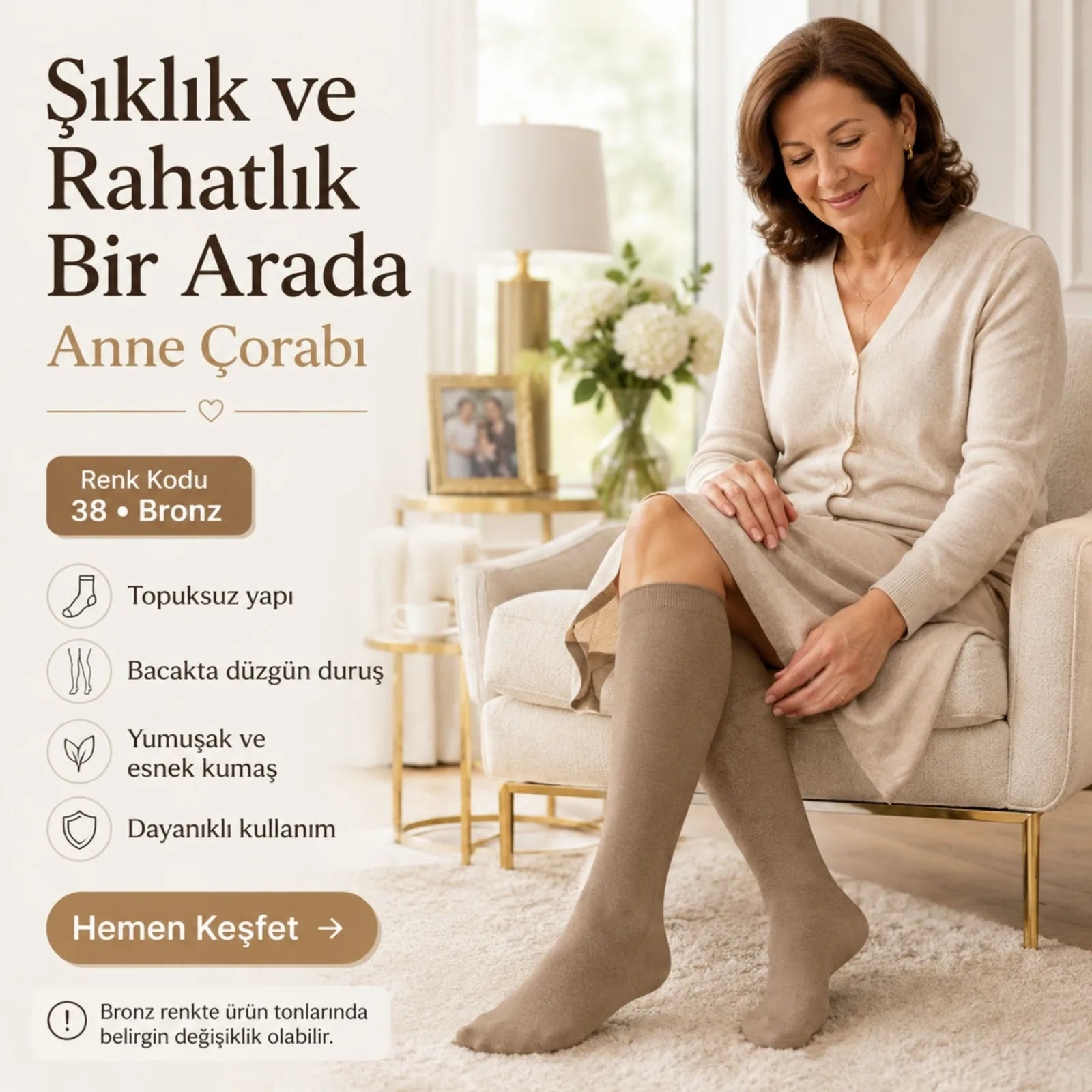 Kadın 70 Denye 6'lı Kalın Anne Çorabı Dizaltı Topuksuz Esnek Günlük Kullanım Çorabı Ten Siyah Bronz Vizon