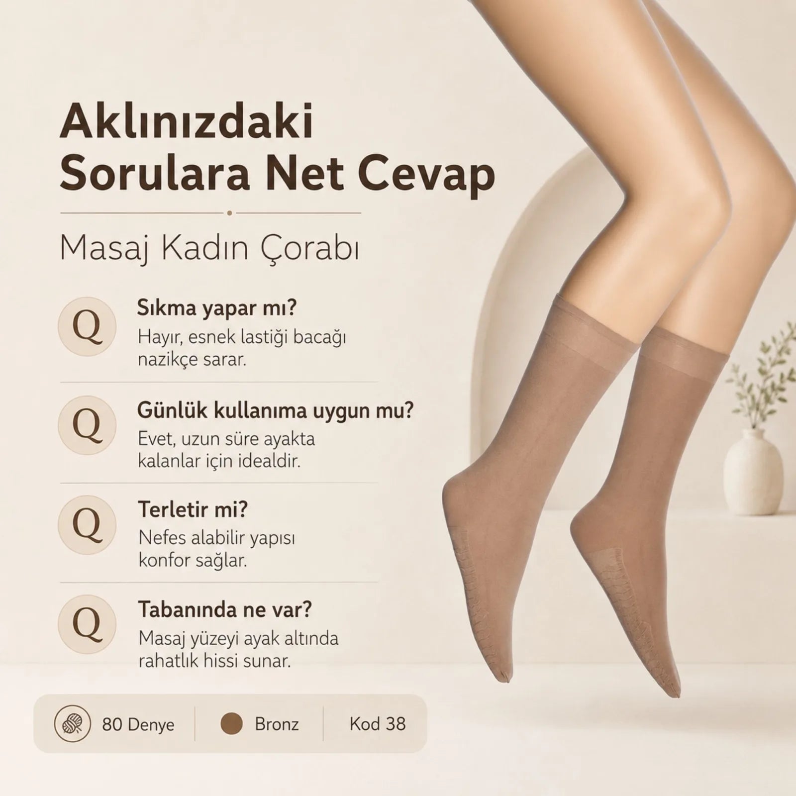 Kadın 6’lı Anne Masaj Tabanlı Dizaltı Çorap 80 Denye Esnek Rahat Günlük Kullanım