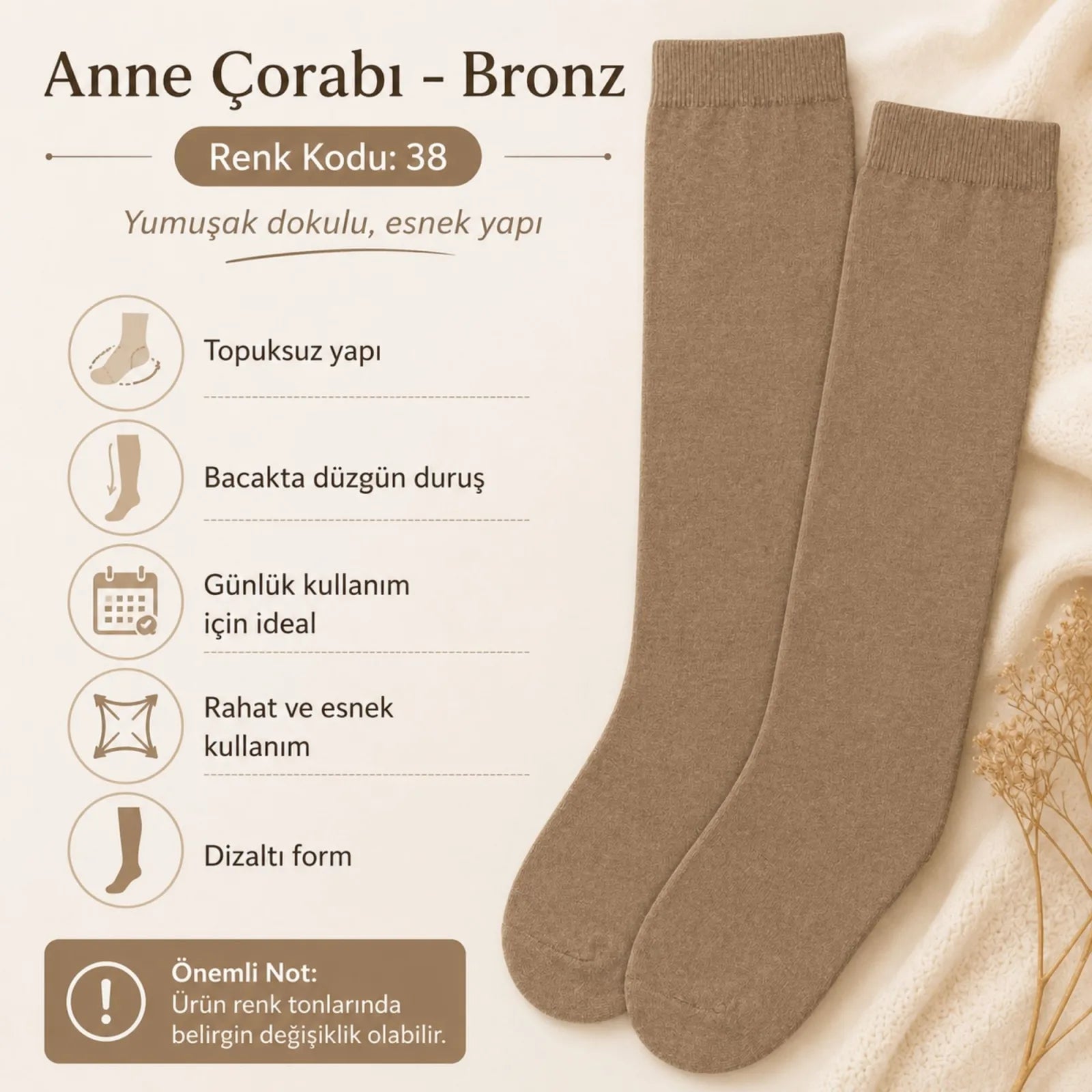 Kadın 70 Denye 6'lı Kalın Anne Çorabı Dizaltı Topuksuz Esnek Günlük Kullanım Çorabı Ten Siyah Bronz Vizon