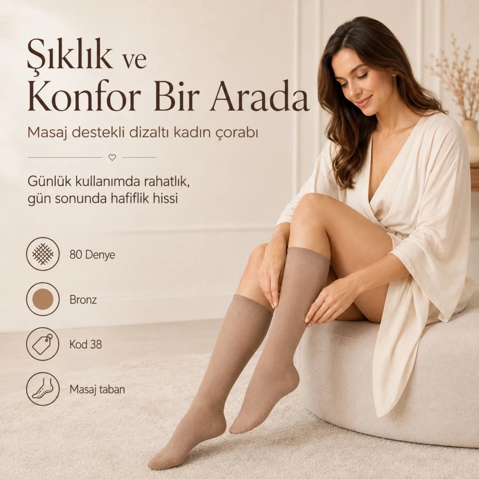 Kadın 6’lı Anne Masaj Tabanlı Dizaltı Çorap 80 Denye Esnek Rahat Günlük Kullanım