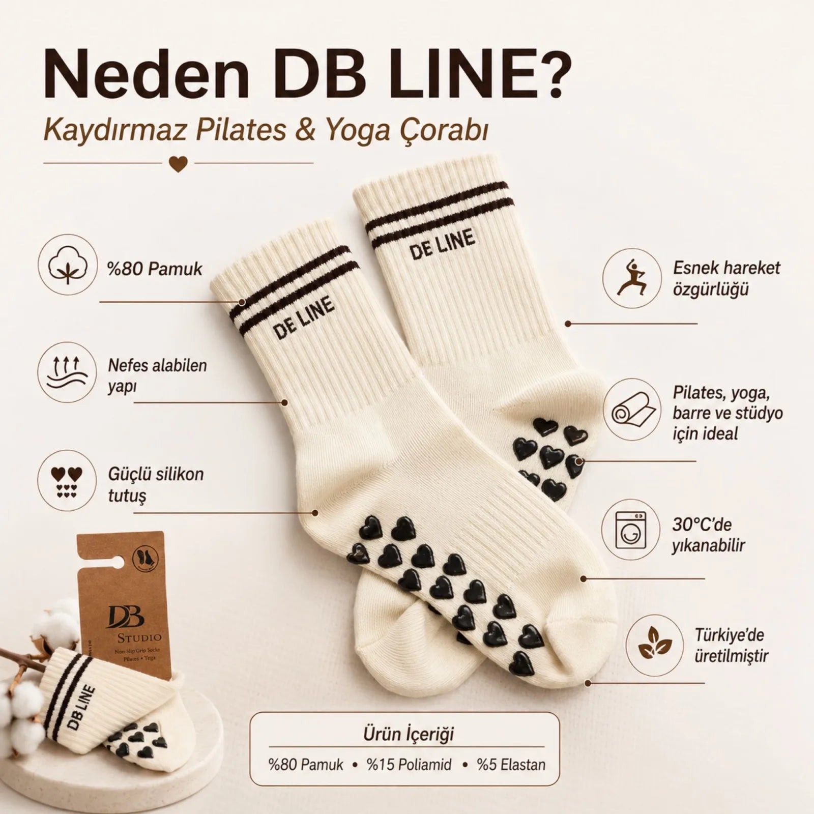DB LINE Kaydırmaz Pilates Yoga Çorabı Pamuklu Silikon Tabanlı Barre Stüdyo Spor Çorabı