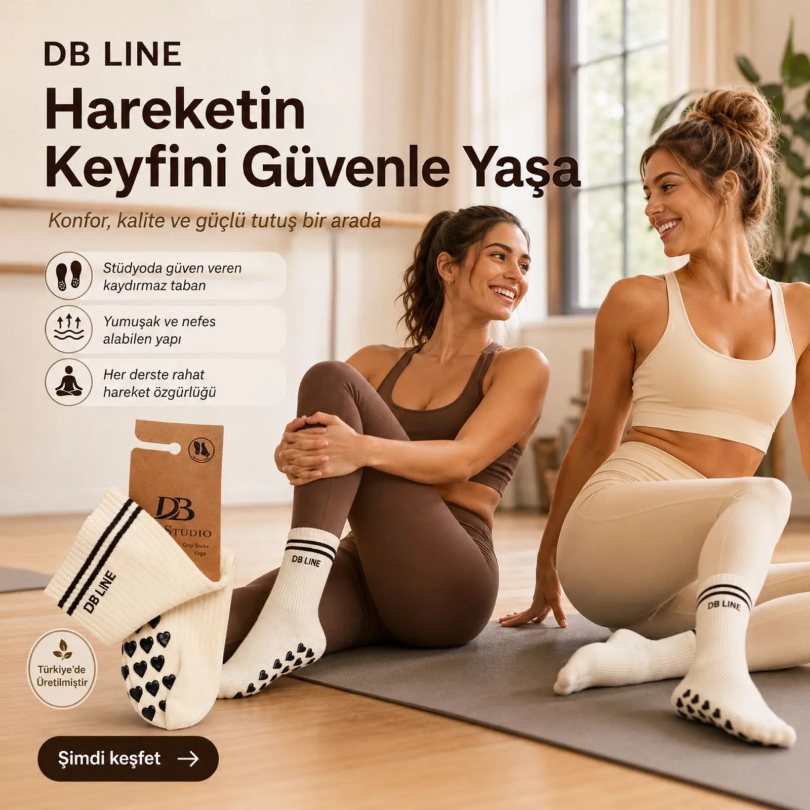 DB LINE Kaydırmaz 8'li Pilates Yoga Çorabı Pamuklu Silikon Tabanlı Barre Stüdyo Spor Çorabı