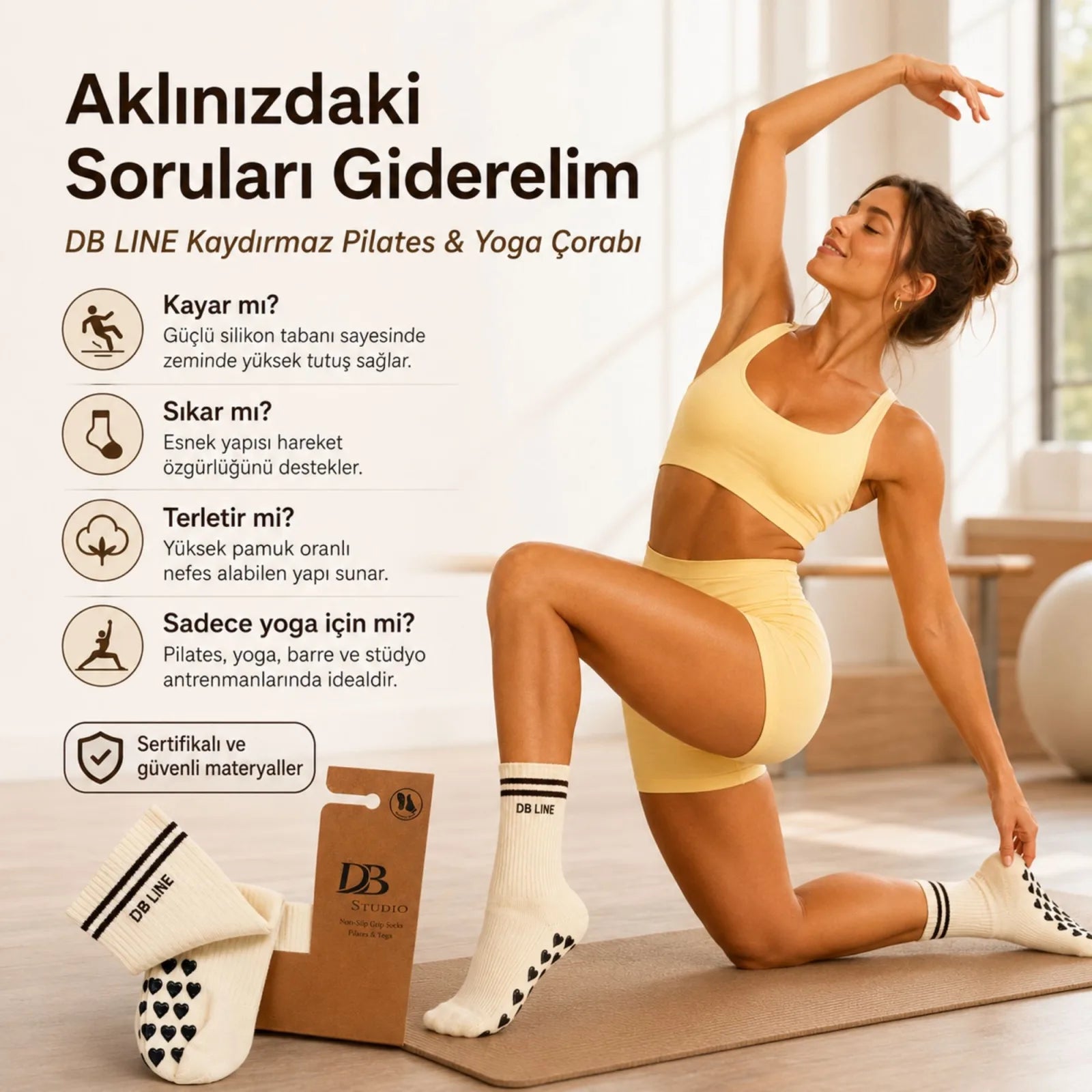 DB LINE Kaydırmaz 8'li Pilates Yoga Çorabı Pamuklu Silikon Tabanlı Barre Stüdyo Spor Çorabı