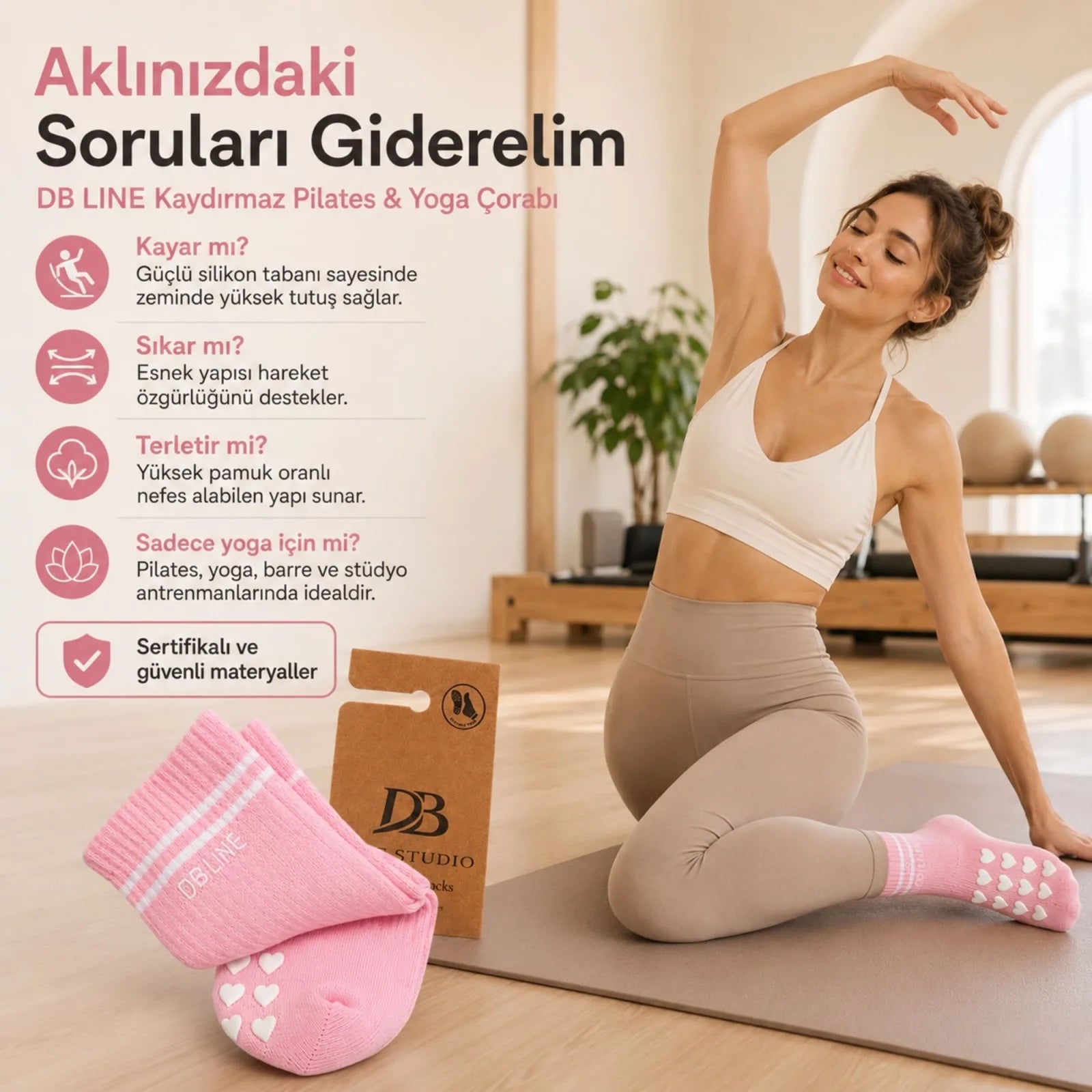 DB LINE Kaydırmaz Pilates Yoga Çorabı Pamuklu Silikon Tabanlı Barre Stüdyo Spor Çorabı