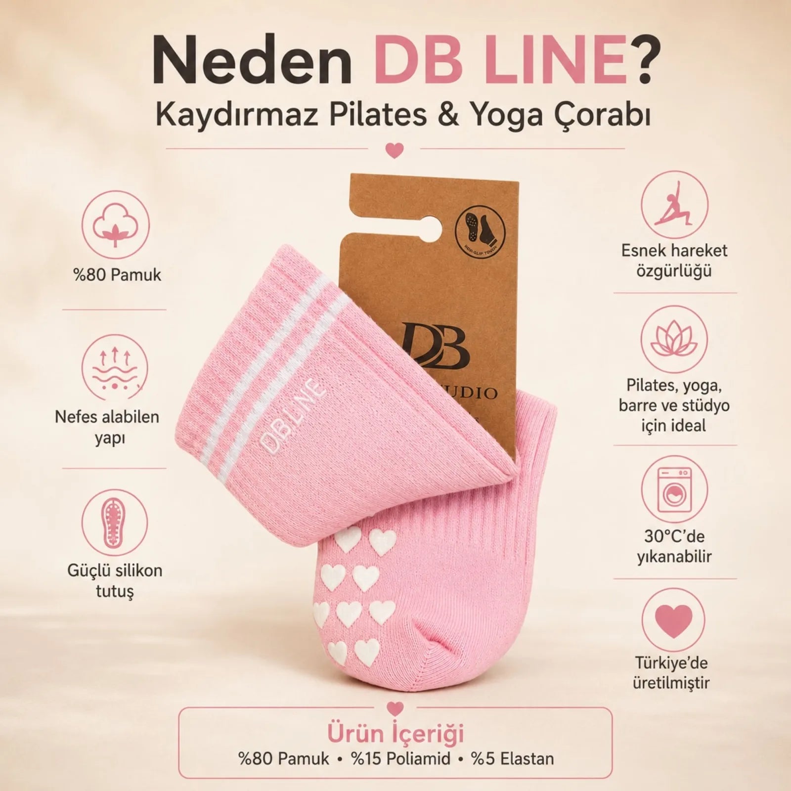 DB LINE Kaydırmaz 8'li Pilates Yoga Çorabı Pamuklu Silikon Tabanlı Barre Stüdyo Spor Çorabı