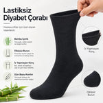 Bambu Diyabet Çorabı Lastiksiz Dikişsiz Burun Siyah Uzun Konç Hassas Ayaklar İçin