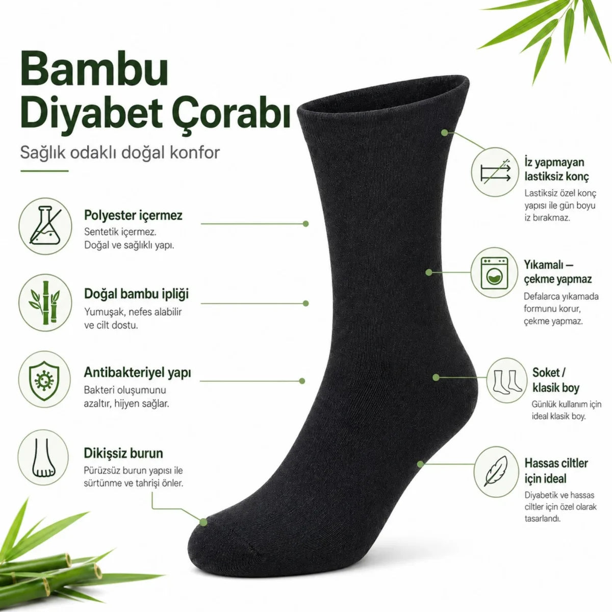 Bambu Diyabet Çorabı Lastiksiz Dikişsiz Burun Siyah Uzun Konç Hassas Ayaklar İçin
