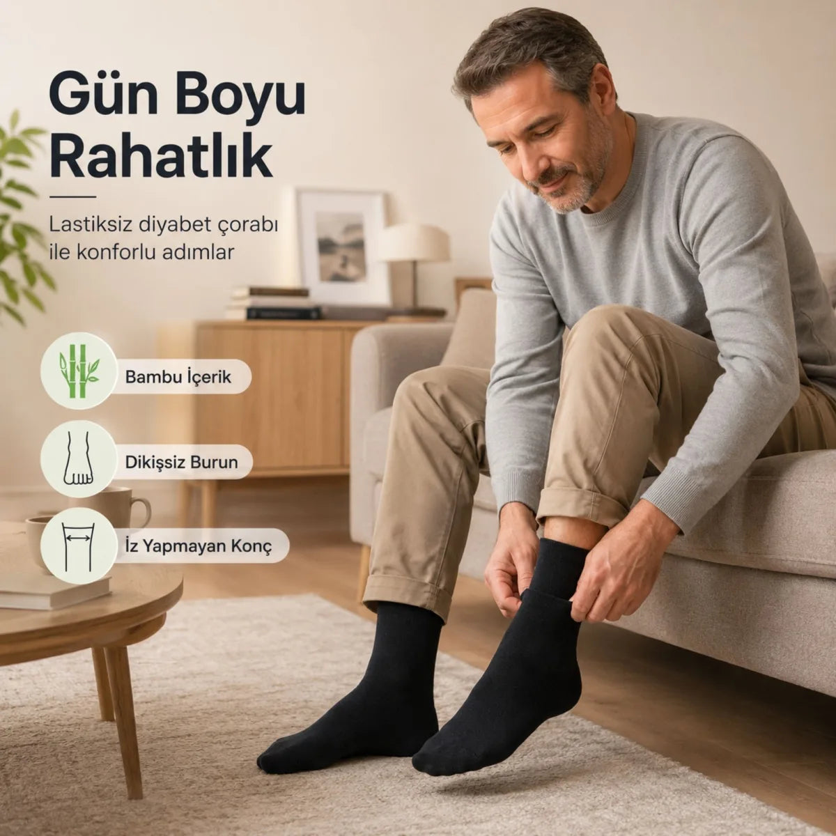 Bambu Diyabet Çorabı Lastiksiz Dikişsiz Burun Siyah Uzun Konç Hassas Ayaklar İçin