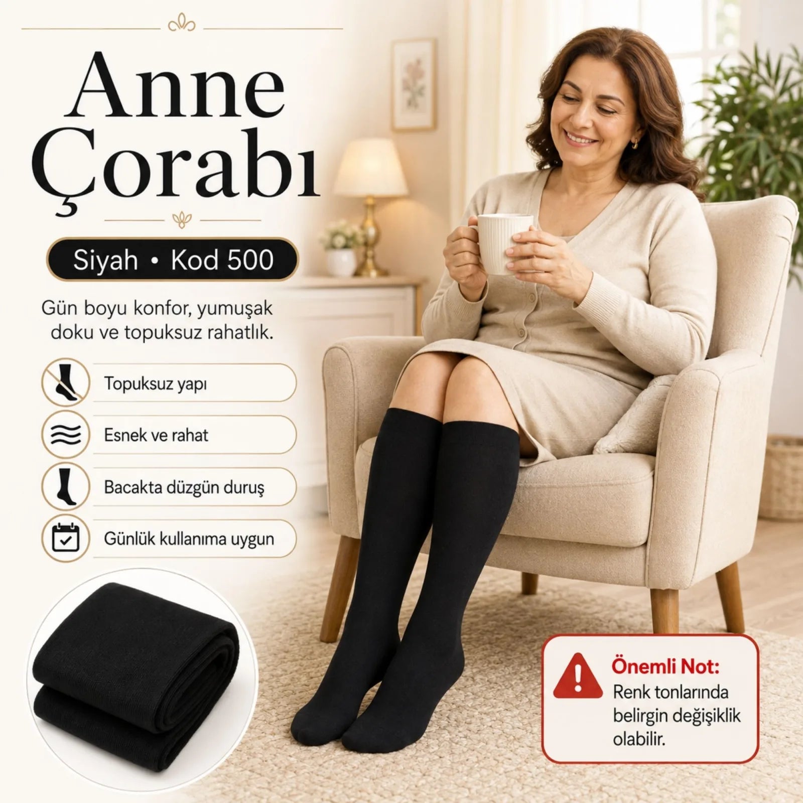 Kadın 70 Denye 12'li Kalın Anne Çorabı Dizaltı Topuksuz Esnek Günlük Kullanım Çorabı Ten Siyah Bronz Vizon