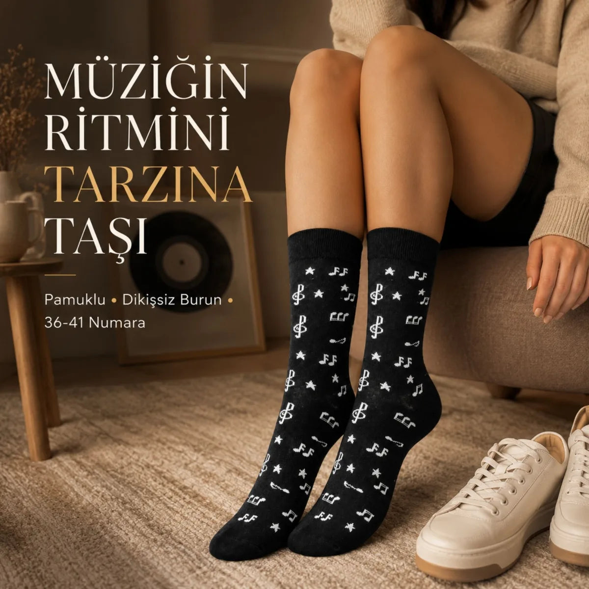 Müzik Notalı Kadın Soket Çorap 36-40 Pamuklu Dikişsiz Burun Siyah Beyaz Uzun Konç