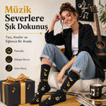 Müzik Enstrüman Desenli Kadın Soket Çorap 36-40 Pamuklu Dikişsiz Burun Siyah Uzun Konç Hediyelik