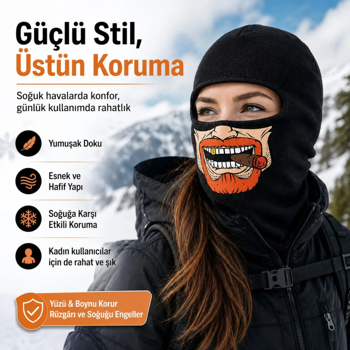 Unisex Sakallı Puro Baskılı Balaklava 1 Adet Tek Beden Viskoz Kask İçi Outdoor Maske