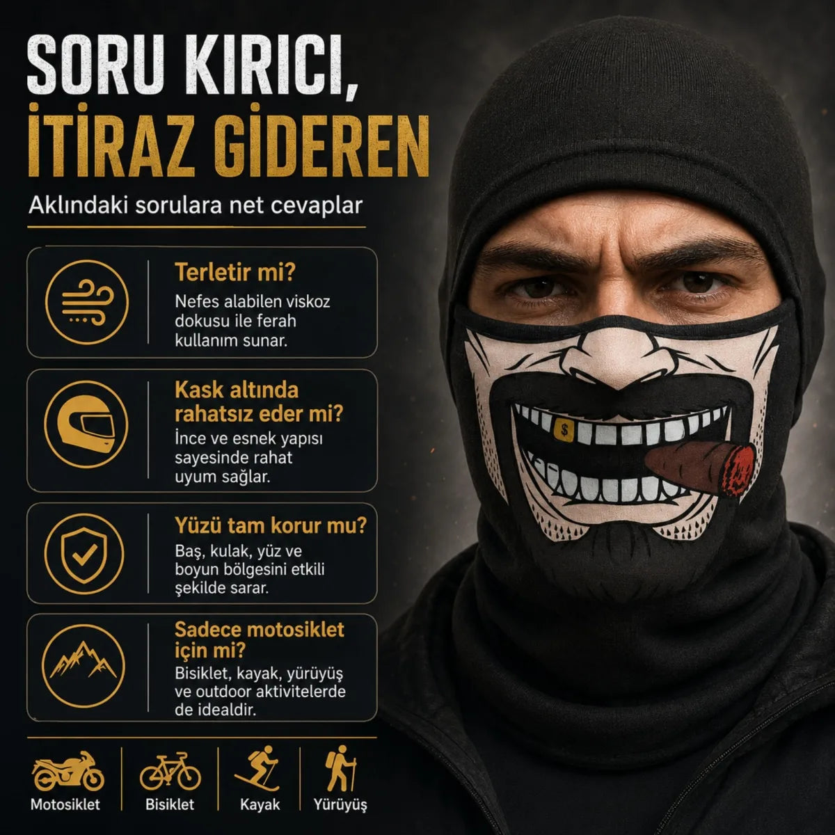 Unisex Bıyık Puro Baskılı Balaklava 1 Adet Tek Beden Viskoz Kask İçi Motosiklet Maskesi
