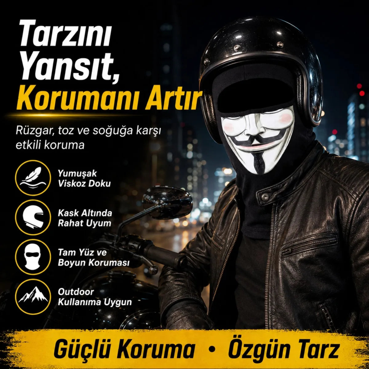 Unisex Anonymous Baskılı Balaklava 1 Adet Tek Beden Viskoz Kask İçi Motosiklet Maskesi