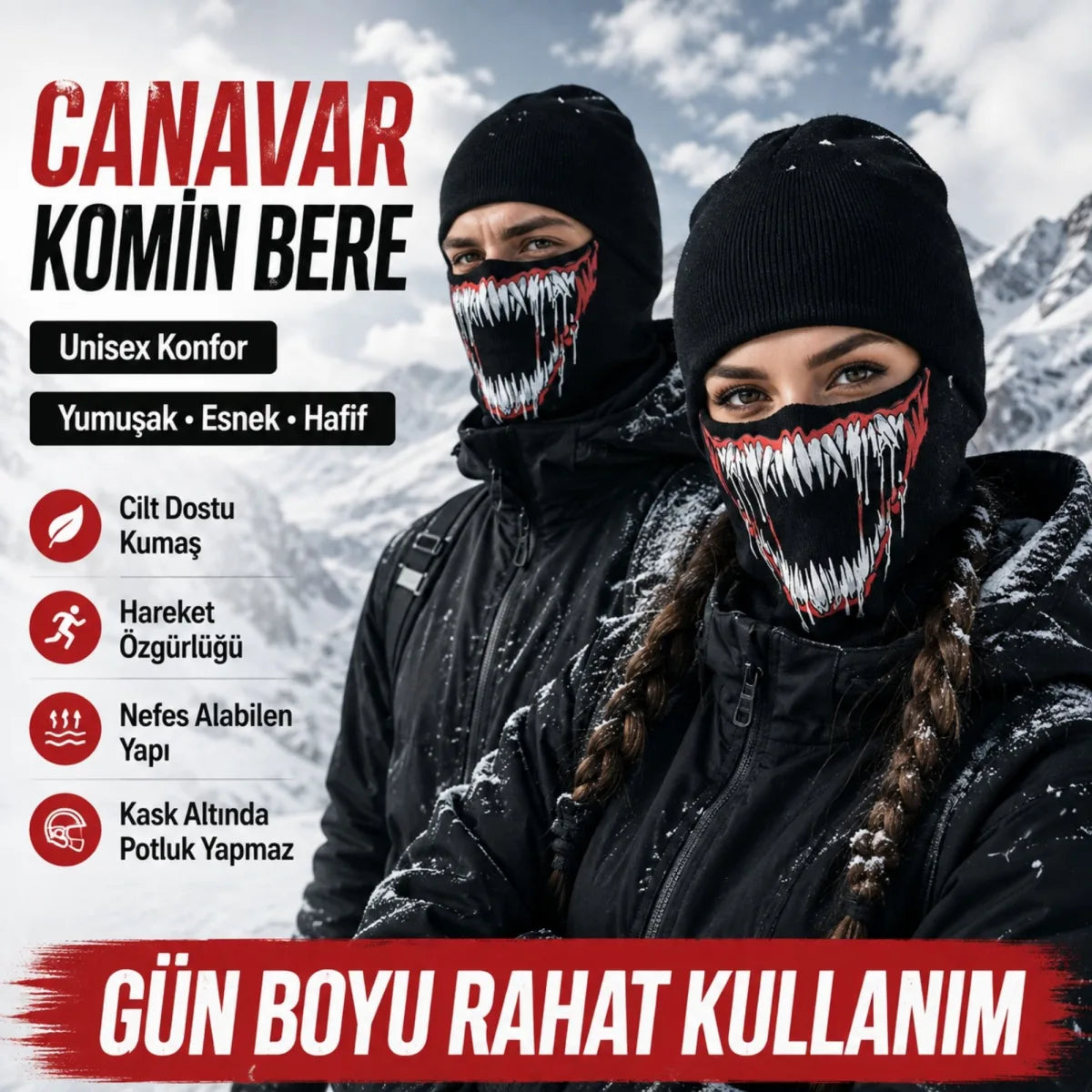 Unisex Canavar Diş Baskılı Balaklava 1 Adet Tek Beden Viskoz Kask İçi Motosiklet Maskesi
