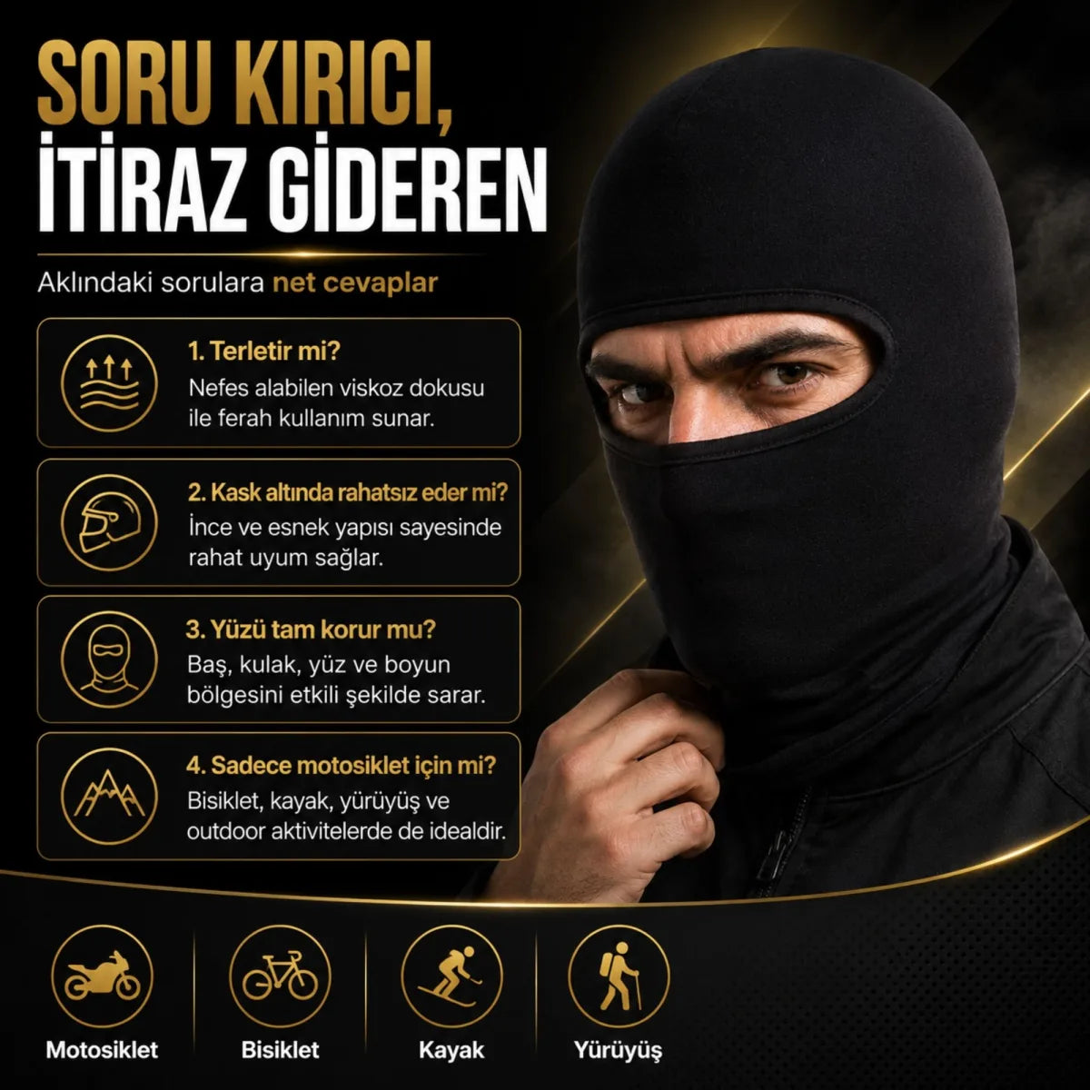 Unisex Düz Siyah Balaklava 1 Adet Tek Beden Viskoz Kask İçi Motosiklet Outdoor Maske