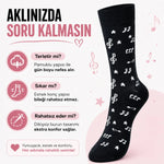 Müzik Notalı Kadın Soket Çorap 36-40 Pamuklu Dikişsiz Burun Siyah Beyaz Uzun Konç